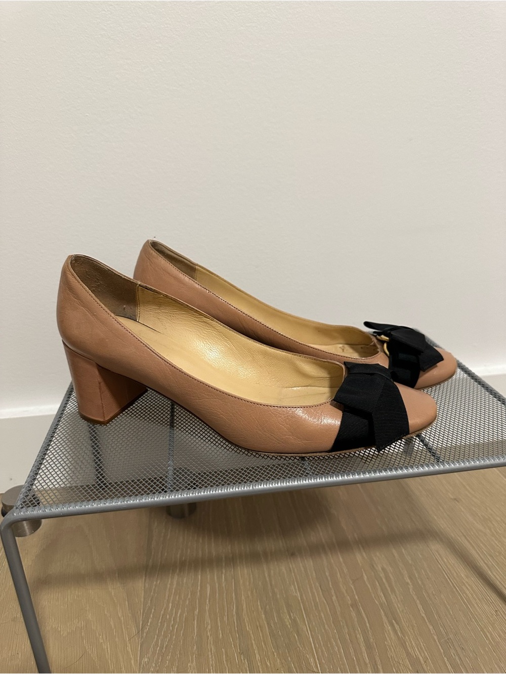 kate spade Blush Leather Block Heel Pumps with Black Bow